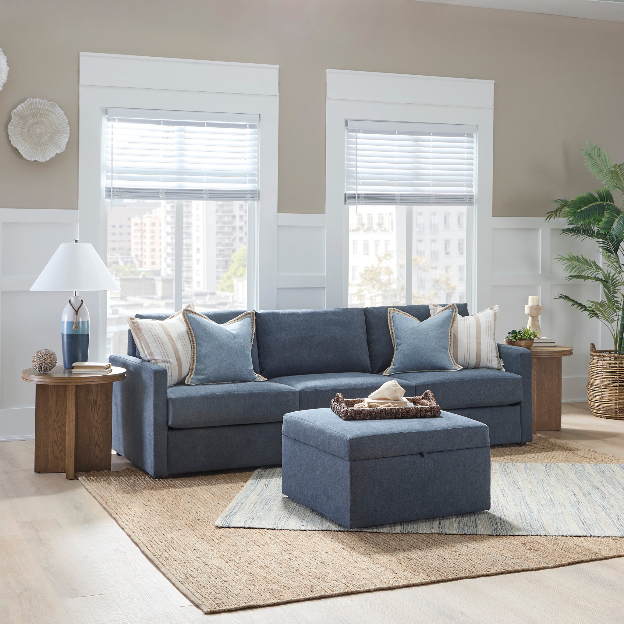 Flex Denim Fabric Sofa with Narrow Arm and Storage Ottoman