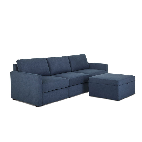 Flex Denim Fabric Sofa with Narrow Arm and Storage Ottoman