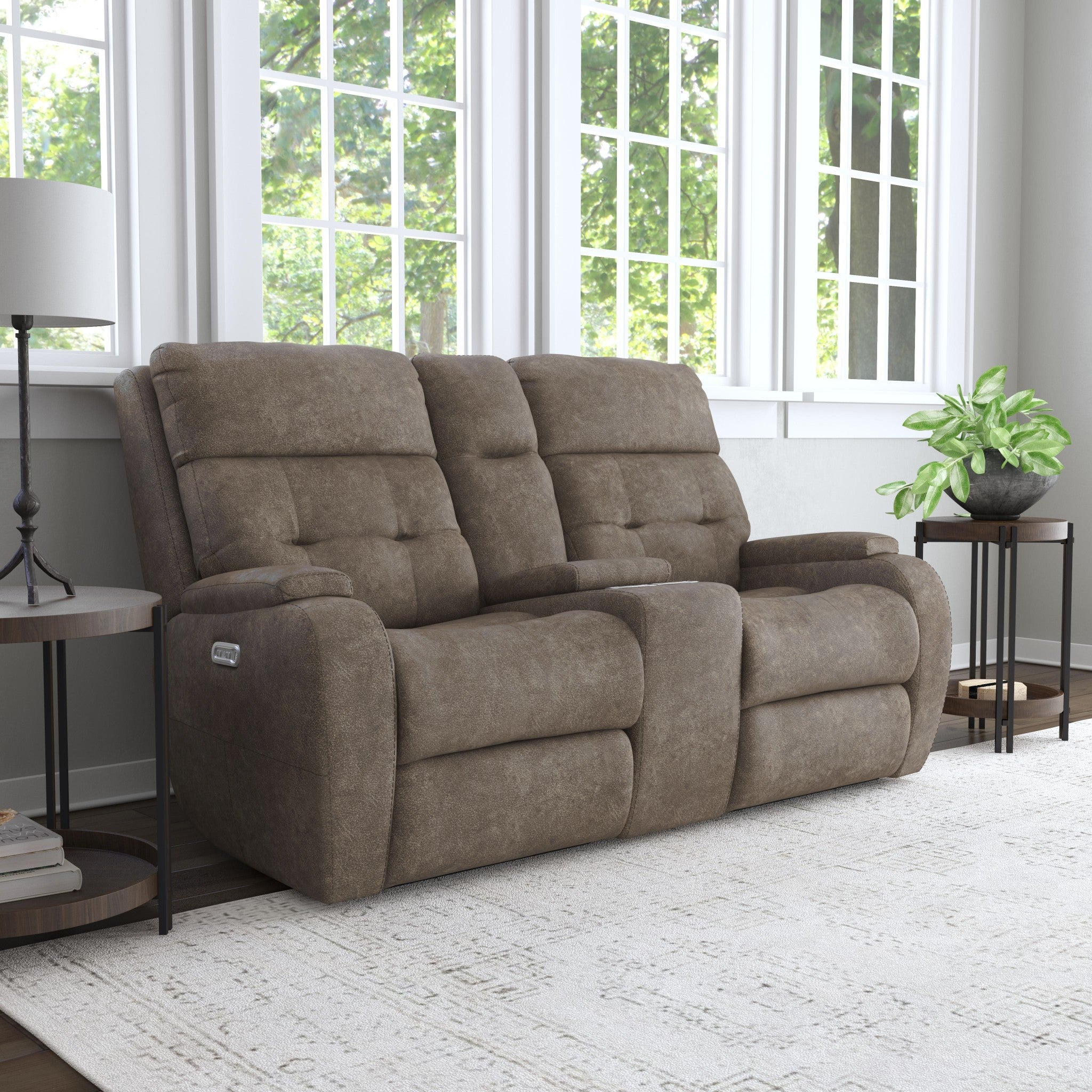 Strait Leather Power Reclining Loveseat with Console & Power Headrests