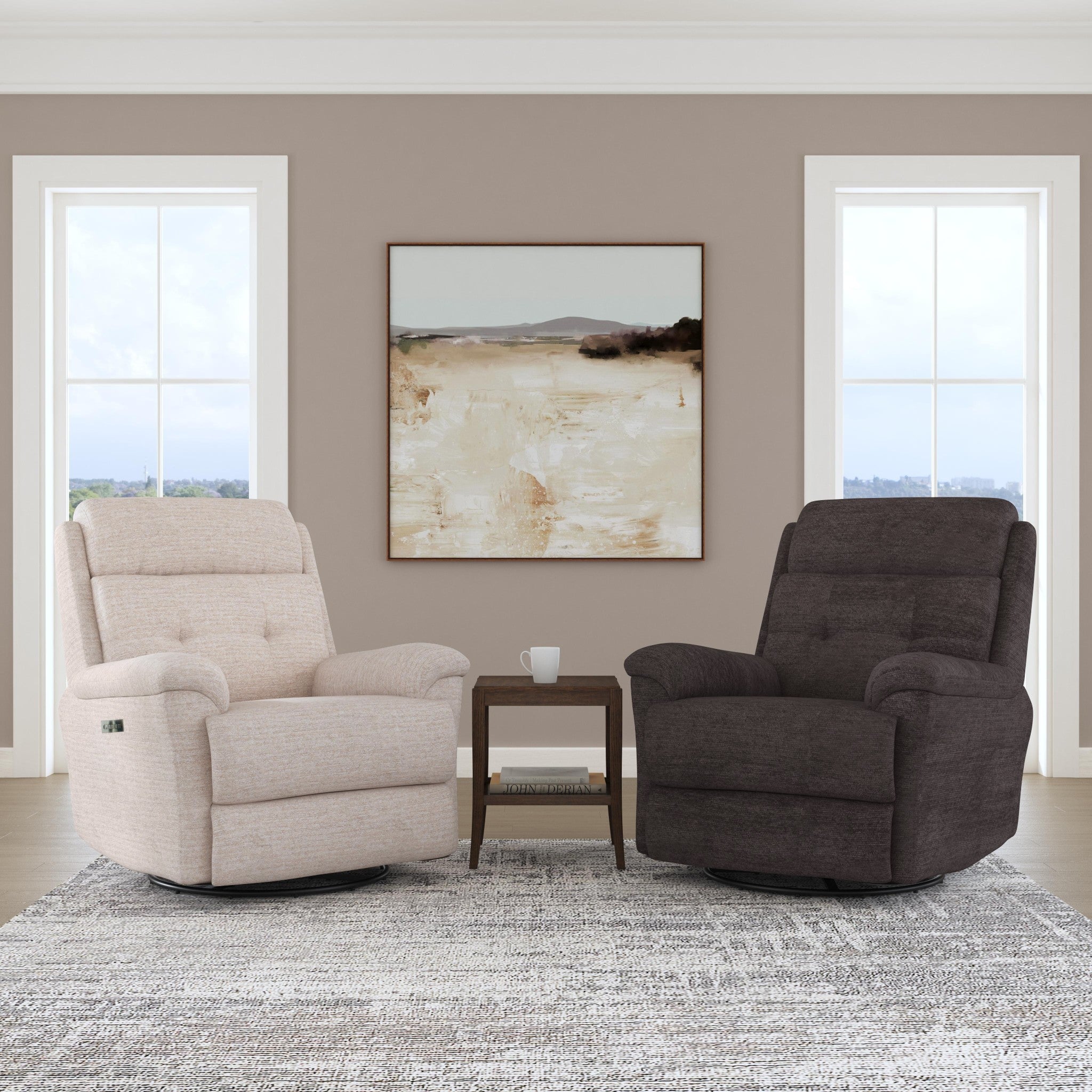 Sophisticated Oat Fabric Perfect Match Power Swivel Gliding Recliner with Power Headrest & Lumbar