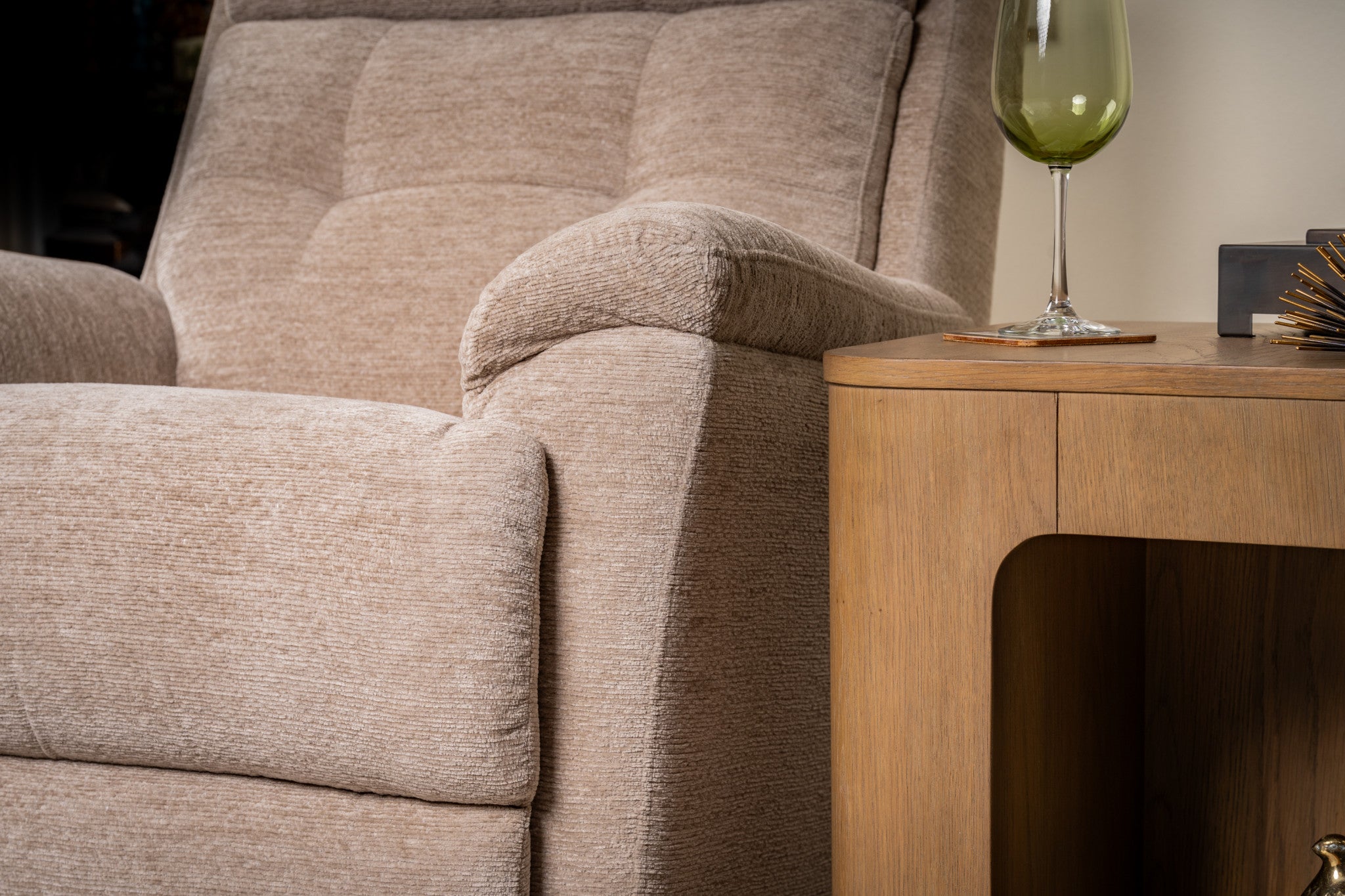 Sophisticated Oat Fabric Perfect Match Power Swivel Gliding Recliner with Power Headrest & Lumbar