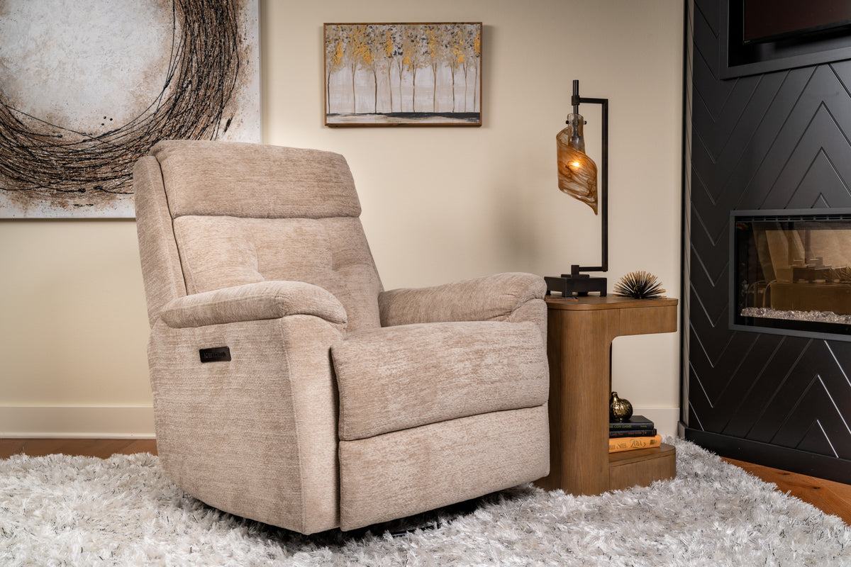 Sophisticated Oat Fabric Perfect Match Power Swivel Gliding Recliner with Power Headrest & Lumbar