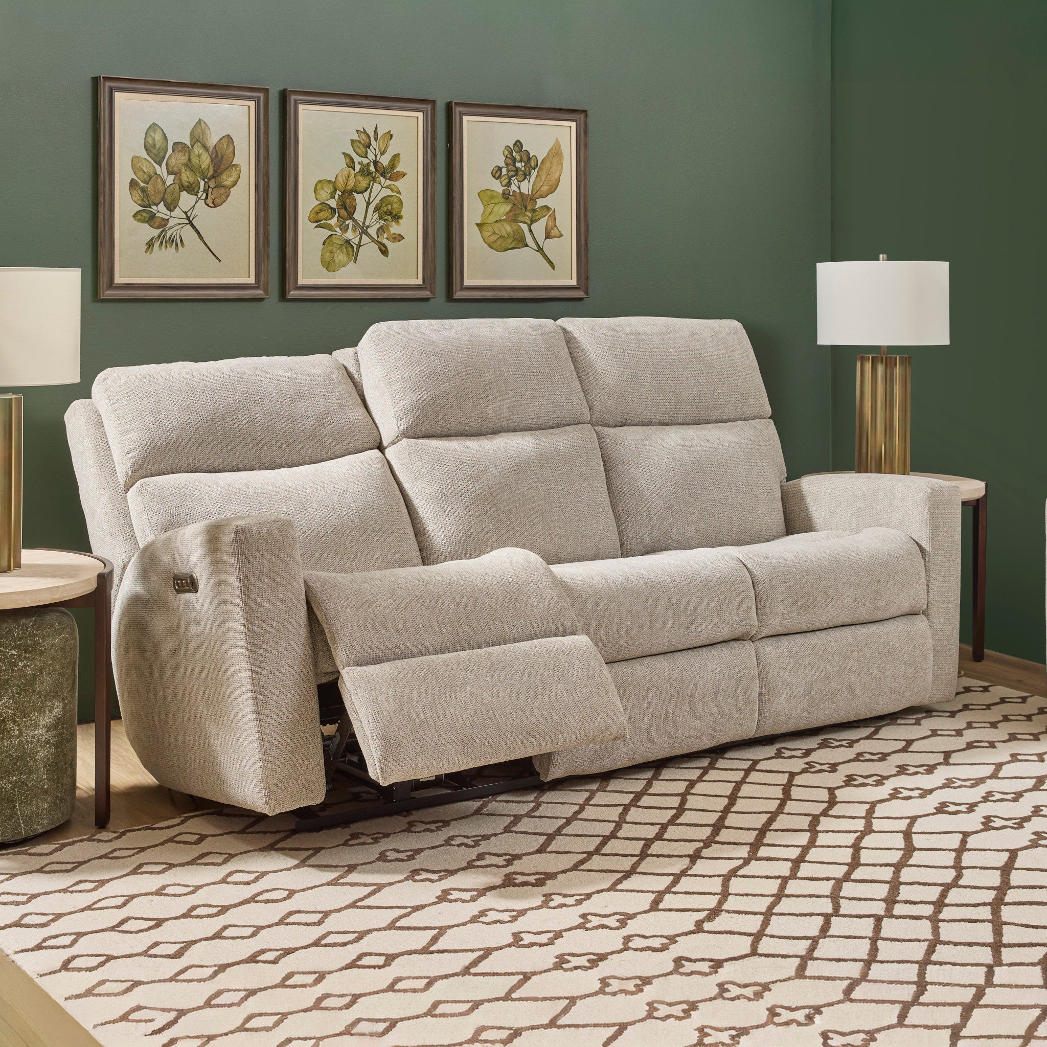 Score Fabric Power Reclining Sofa with Power Headrests & Lumbar