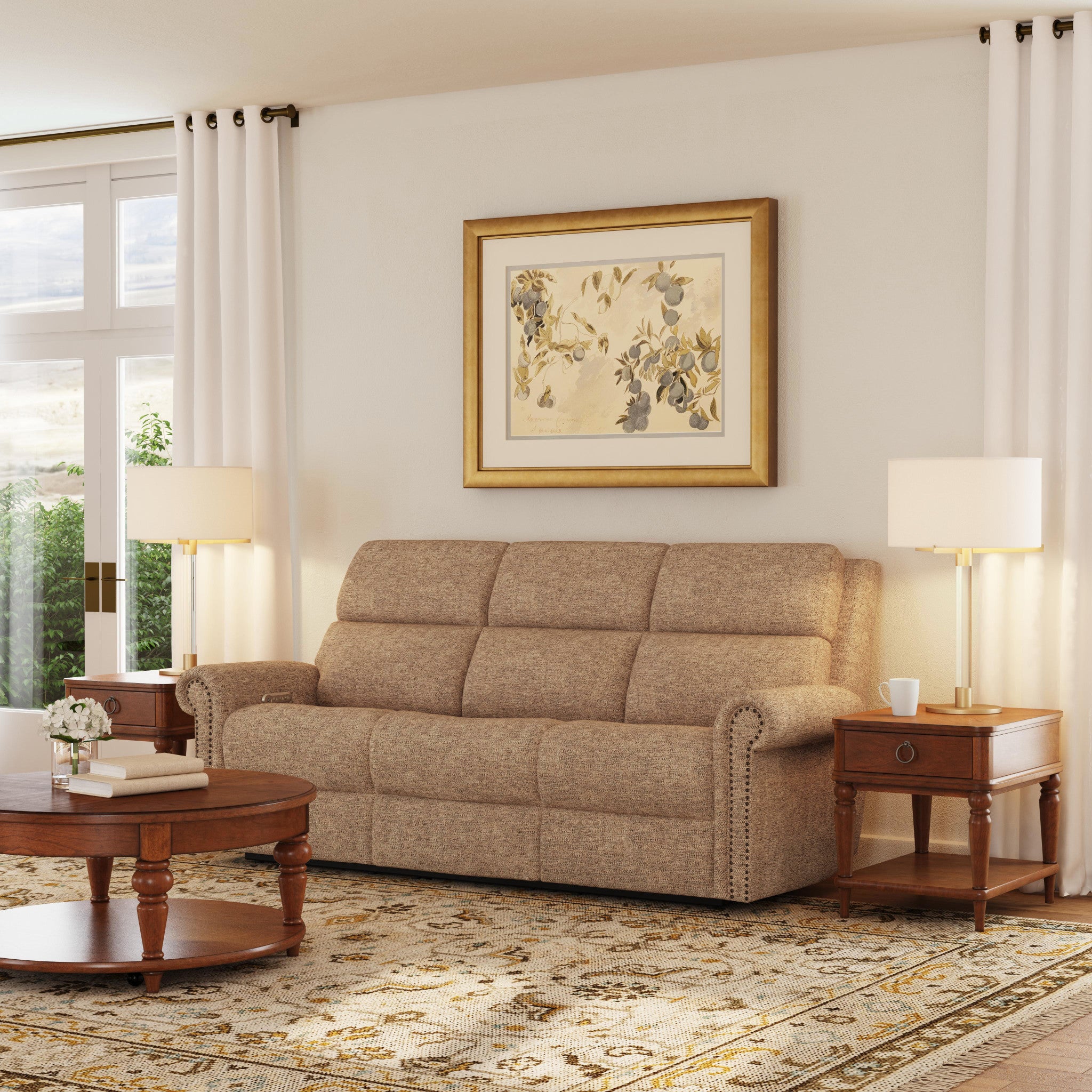 Bernard Fabric Power Reclining Sofa with Console, Power Headrest, & Lumbar