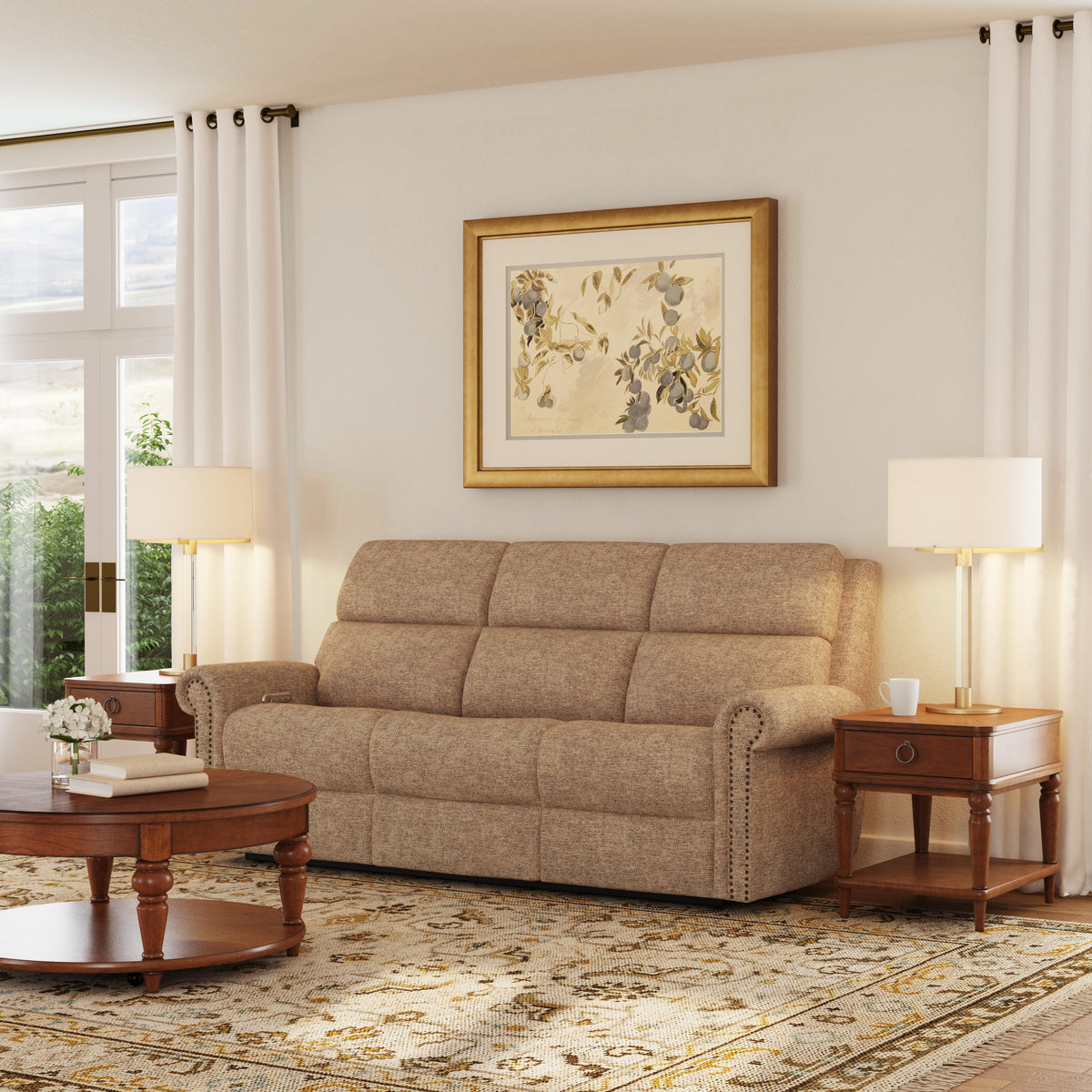 Bernard Fabric Power Reclining Sofa with Console, Power Headrest, & Lumbar