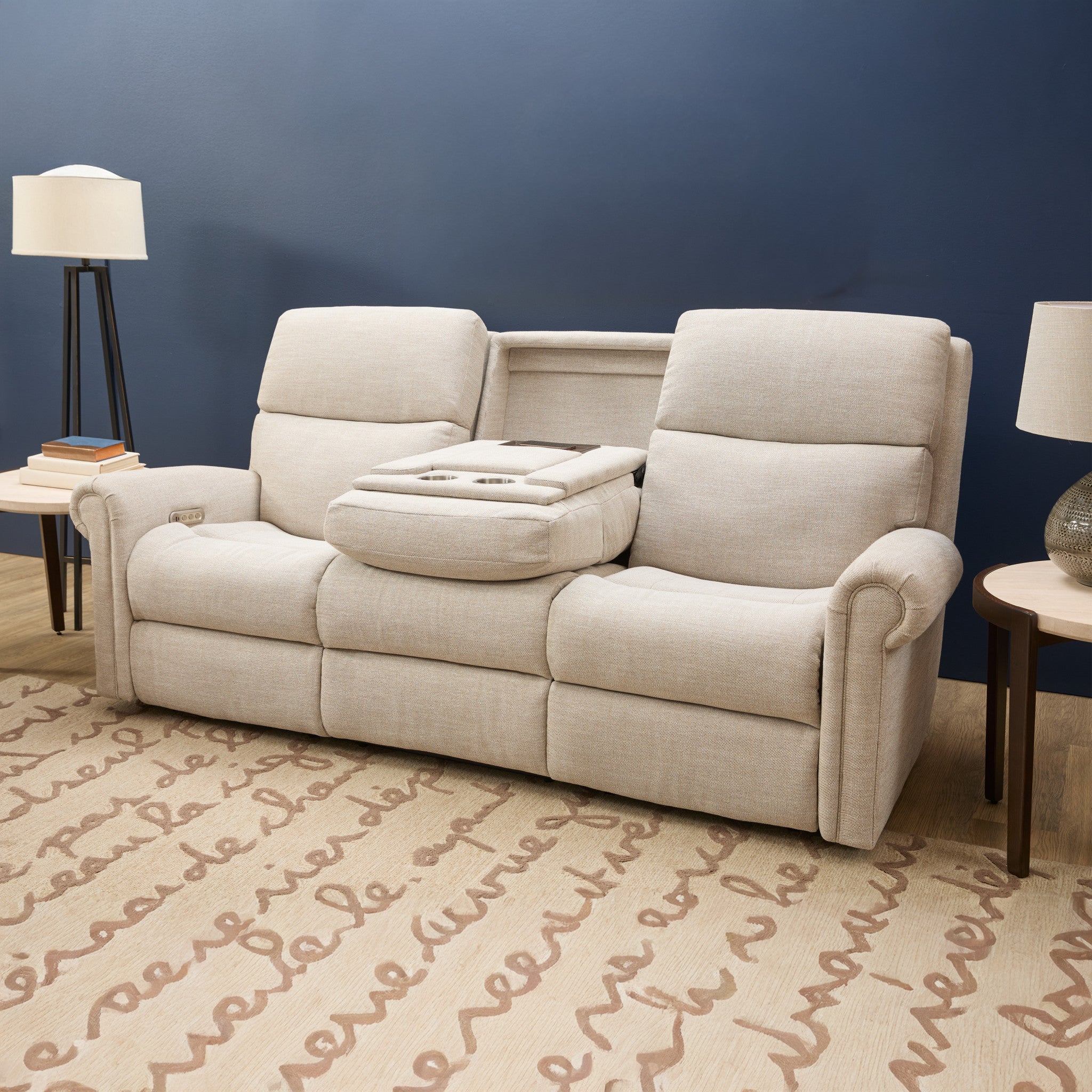Bernard Fabric Power Reclining Sofa with Console, Power Headrest, & Lumbar