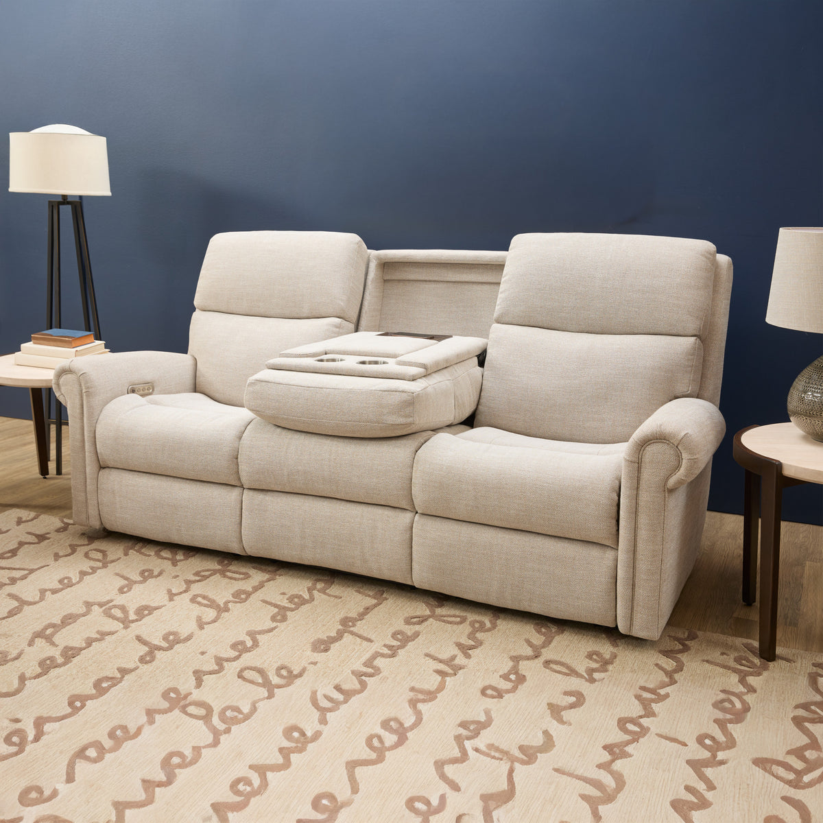 Bernard Fabric Power Reclining Sofa with Console, Power Headrest, & Lumbar