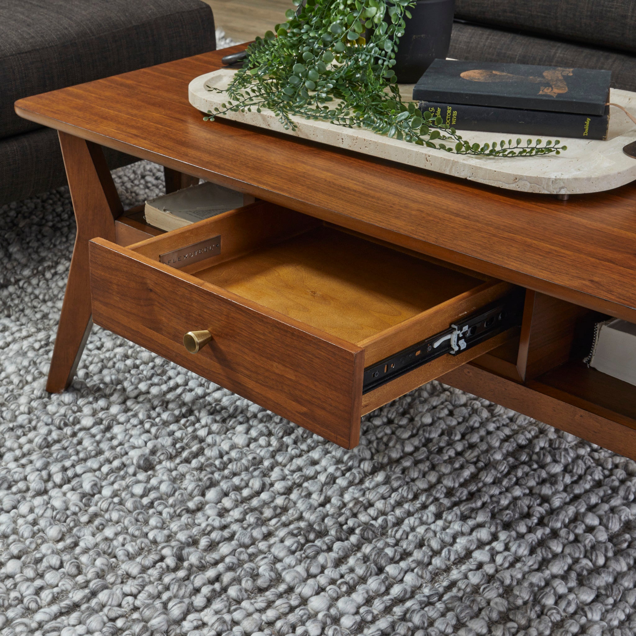 tobacco brown coffee table 47.24'' Modern Farmhouse in Wood and Marble Texture with Double Drawer Substantial square legs taper at the feet Warm Shaker - Square Coffee