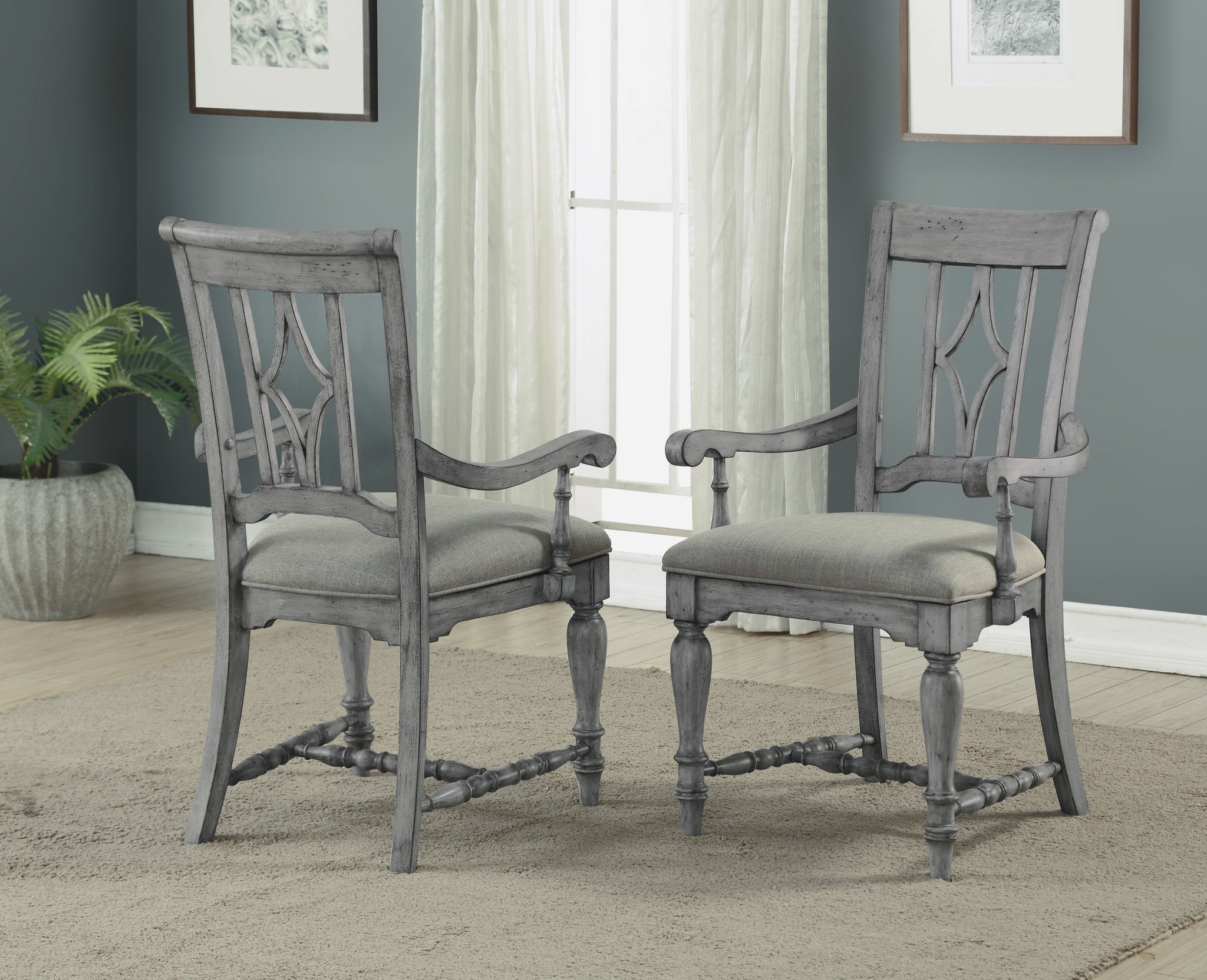 Plymouth Gray Pair of Upholstered Arm Dining Chairs
